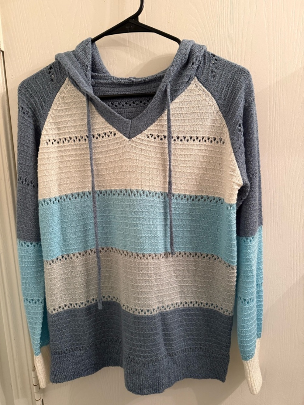 Striped Hooded Knit Sweater in Blue and Cream